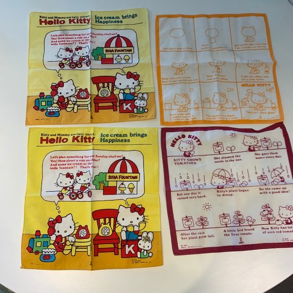 LOT OF 4 VINTAGE 1970S RARE HELLO KITTY HANDKERCHIEFS - Picture 1 of 16